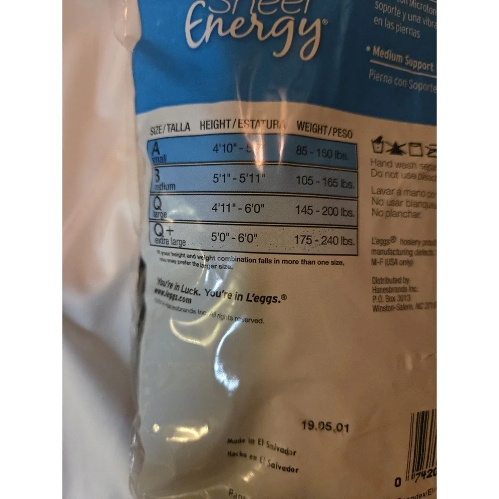 L'eggs Sheer Energy Medium Support‎ Leg Sheer Tight 3 pairs Jet Black Size Q+